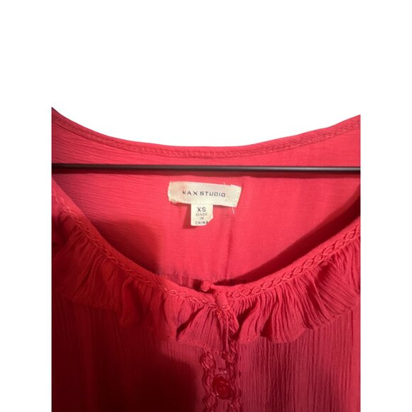 Max Studio Womens XS Red Ruffle Button-Front Midi Dress With Puff Sleeves & Tie- - Picture 5 of 5